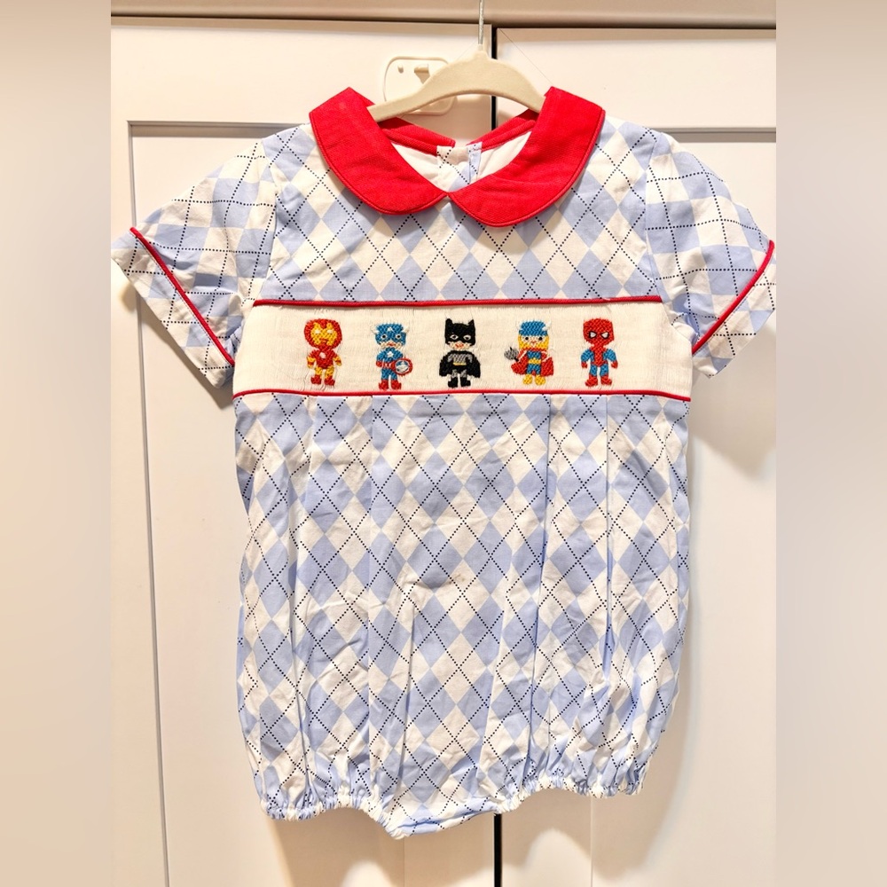 Boys Smocked Superhero-Themed Bubble romper 2T